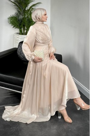 Janjan Chiffon Long Dress with Laced Sleeves - Beige