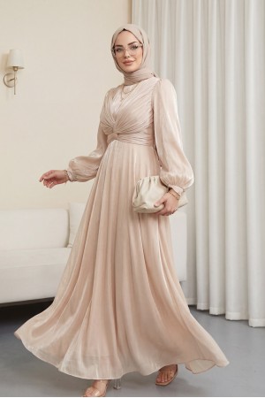 Kolu Bağcıklı Janjan Şifon Uzun Elbise -Bej