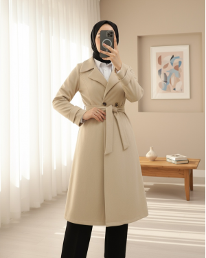 Waist Belted Suede Coat with Pocket - Beige