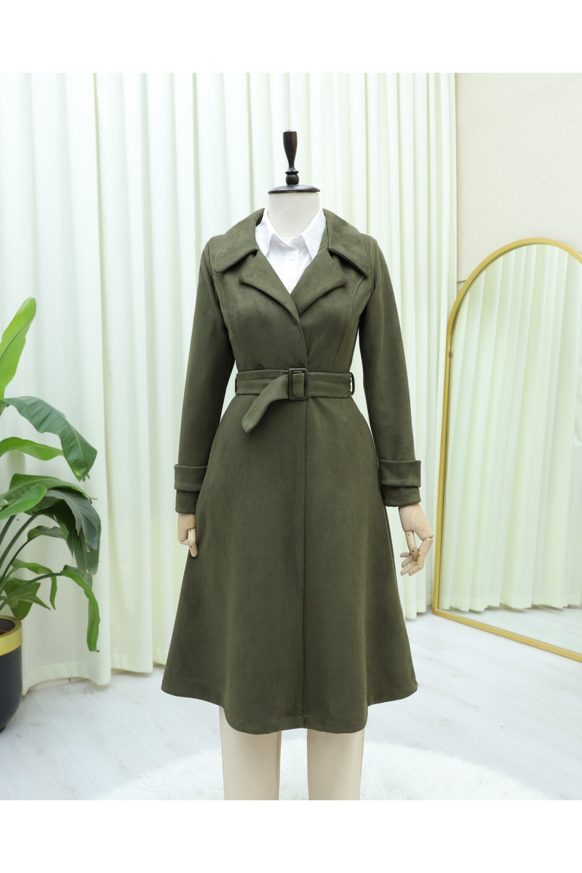 Waist Belted Suede Coat with Pocket -Khaki