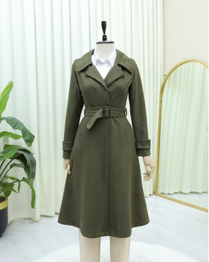 Waist Belted Suede Coat with Pocket -Khaki