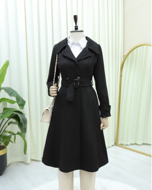 Waist Belted Suede Coat with Pocket -Black
