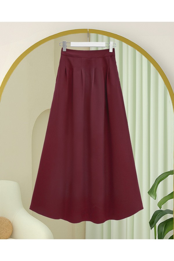 Fermuarlı Cepli Pliseli Krep Etek -Bordo