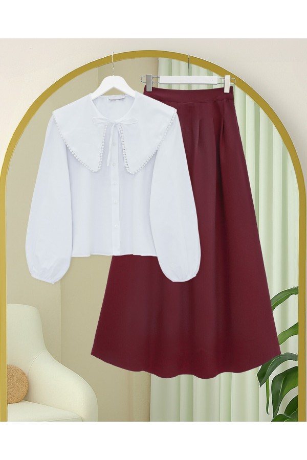 Pleated Crepe Skirt with Zippered Pockets -Maroon
