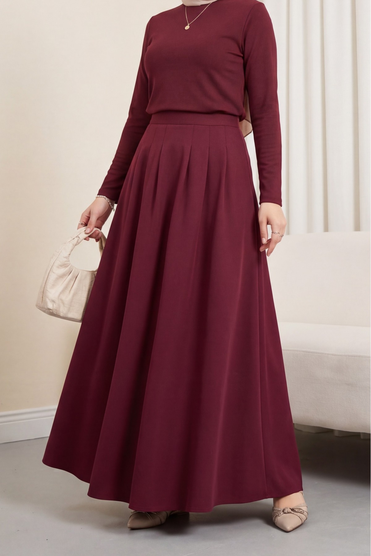 Pleated Crepe Skirt with Zippered Pockets -Maroon