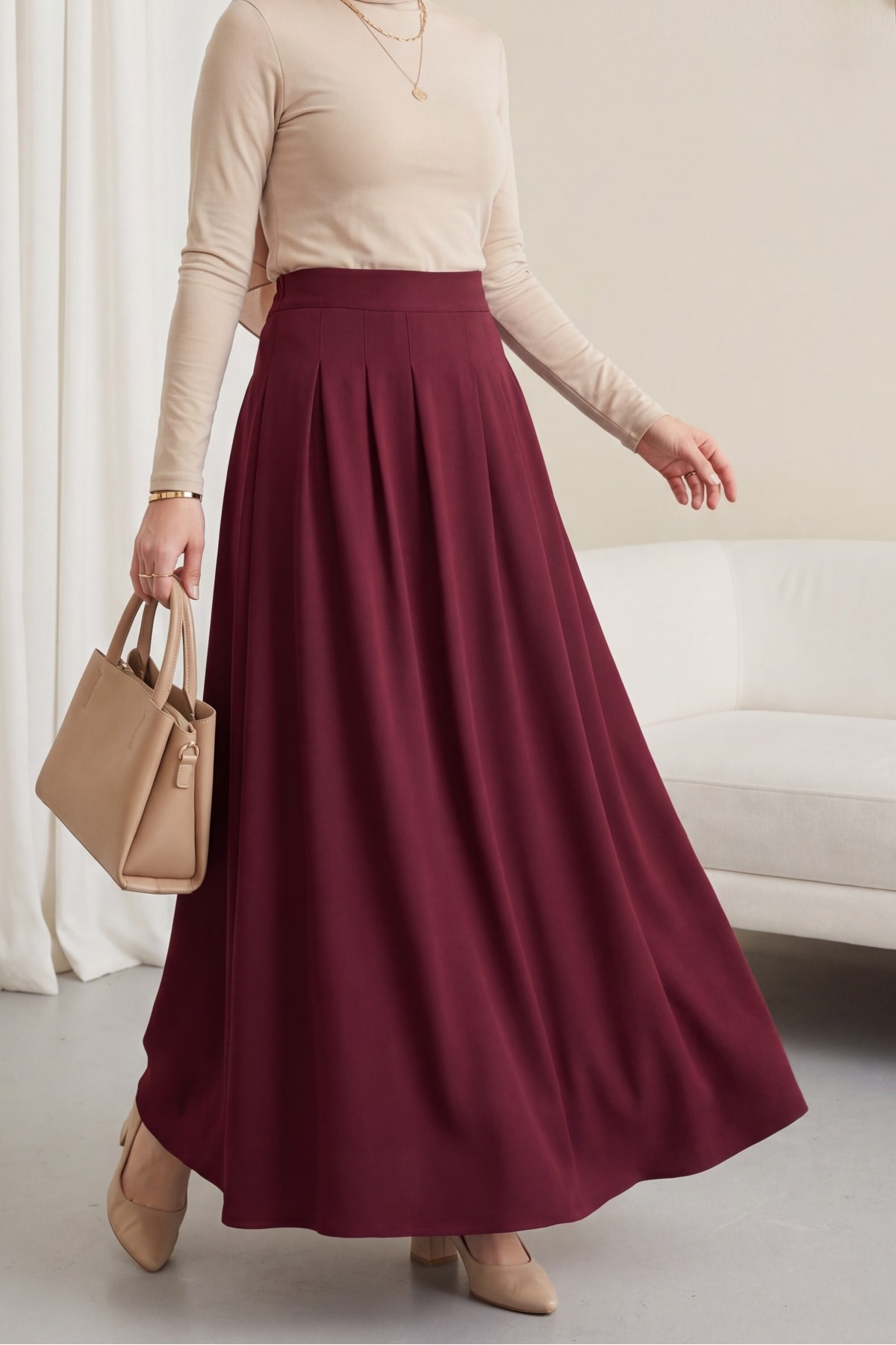 Pleated Crepe Skirt with Zippered Pockets -Maroon