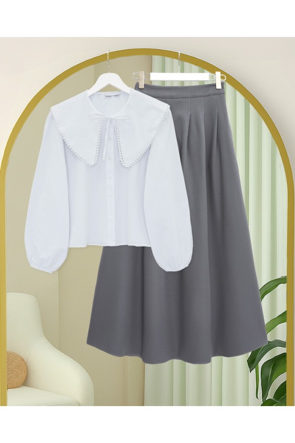 Pleated Crepe Skirt with Zippered Pockets -Grey
