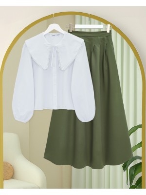 Pleated Crepe Skirt with Zippered Pockets -Khaki