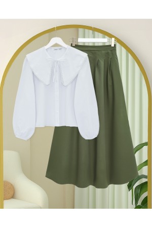 Fermuarlı Cepli Pliseli Krep Etek -Haki