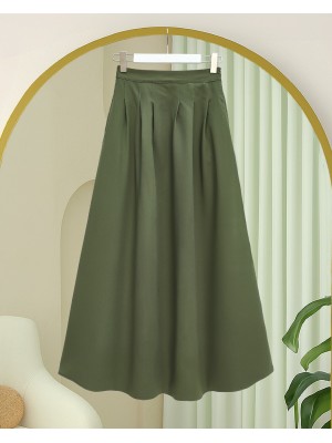 Pleated Crepe Skirt with Zippered Pockets -Khaki