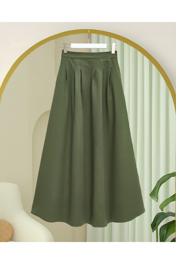 Pleated Crepe Skirt with Zippered Pockets -Khaki