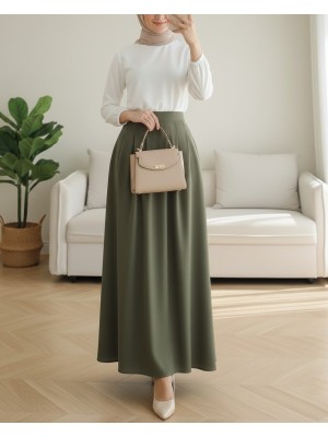 Pleated Crepe Skirt with Zippered Pockets -Khaki