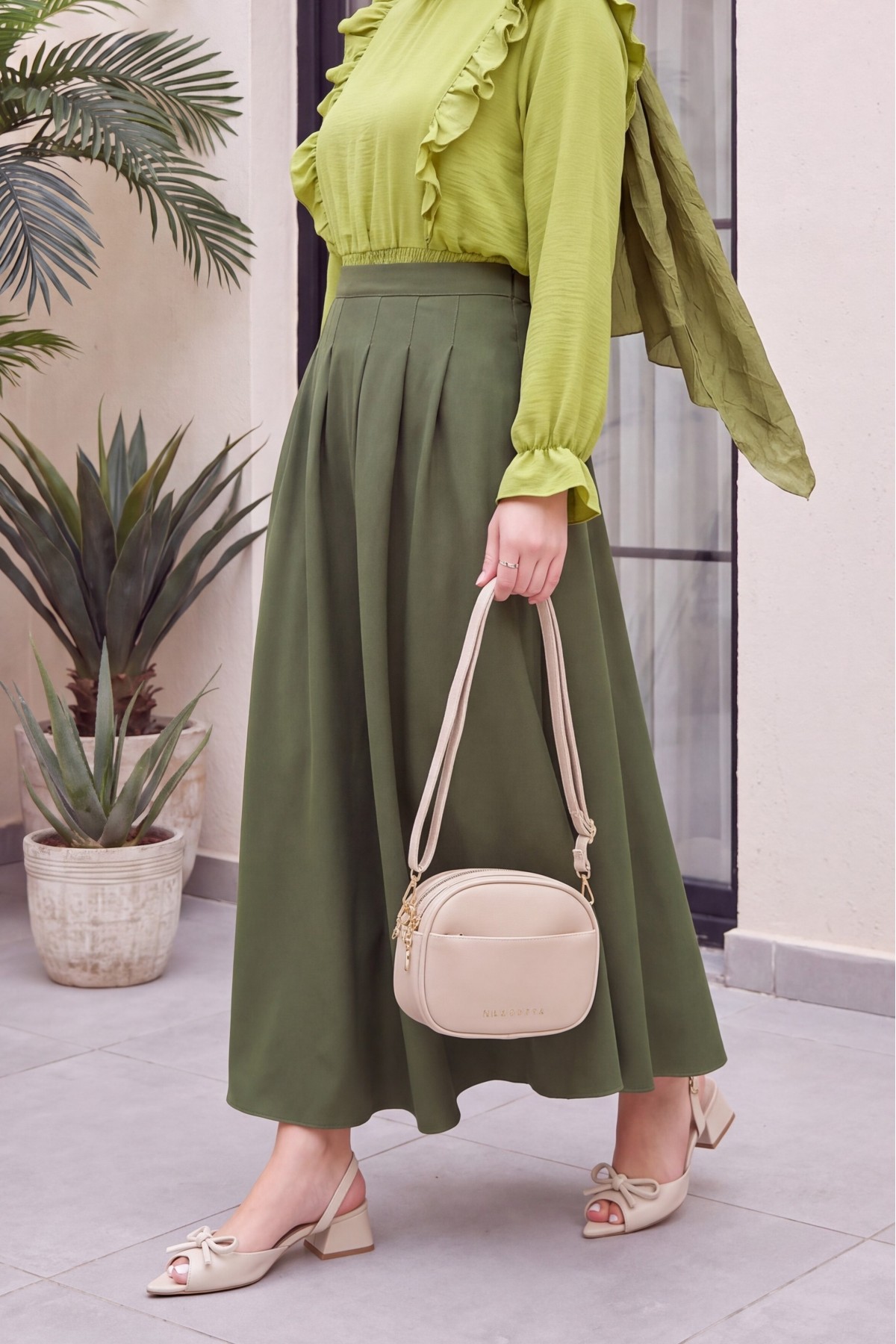 Pleated Crepe Skirt with Zippered Pockets -Khaki