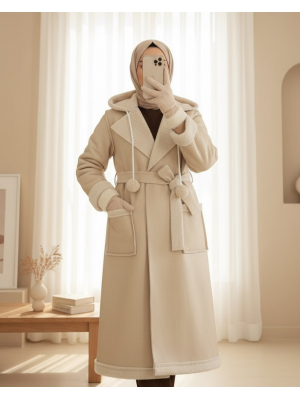 Beli Kemerli Çift Cepli İçi Kürklü Deri Kaban -Bej