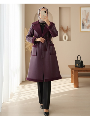 Beli Kemerli Çift Cepli İçi Kürklü Deri Kaban -Mürdüm