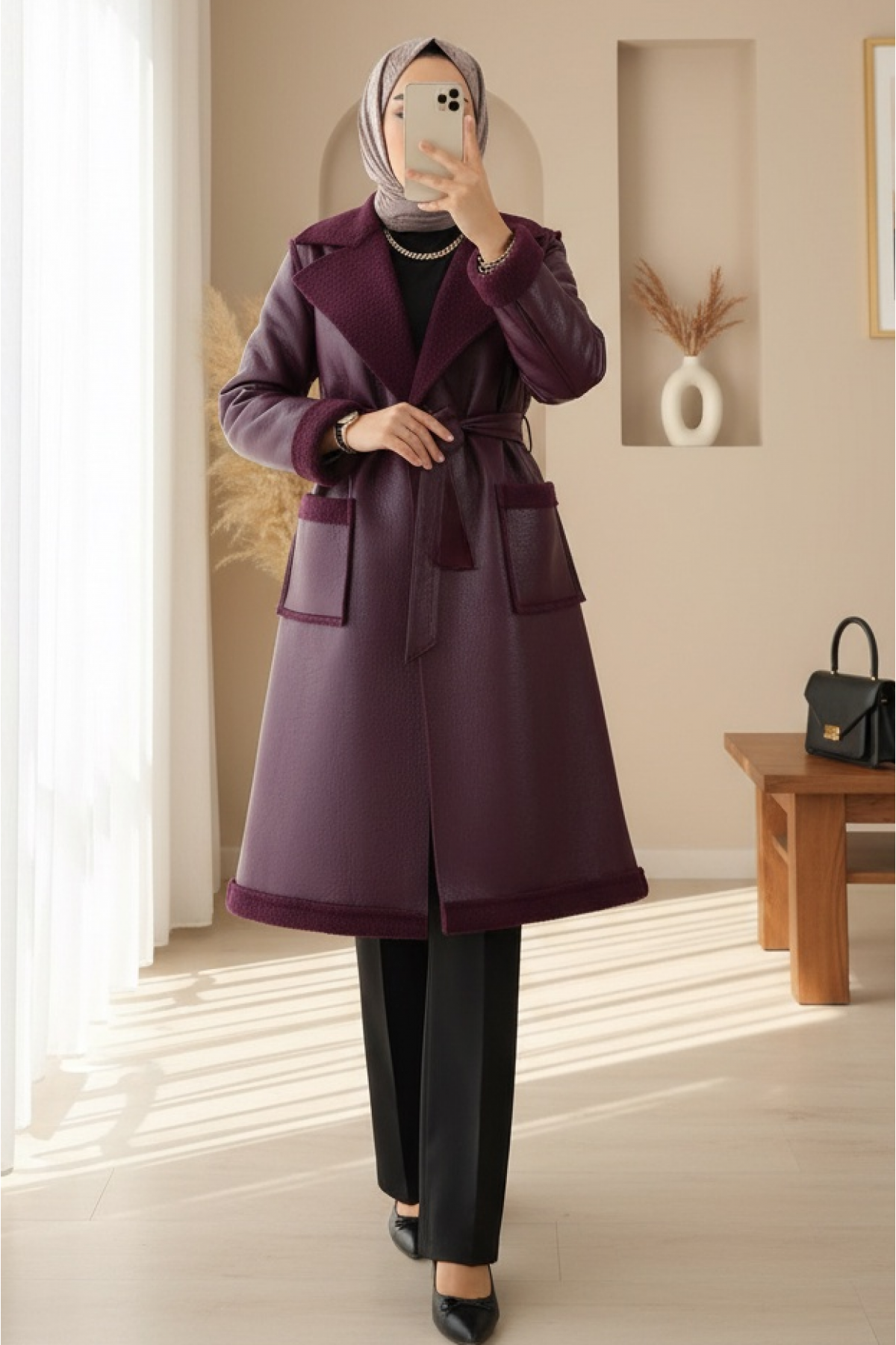 Leather Coat with Waist Belt and Double Pockets and Fur Lining -Damson