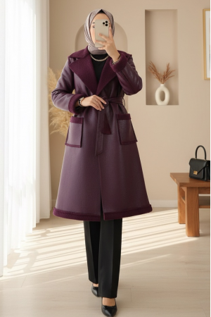 Leather Coat with Waist Belt and Double Pockets and Fur Lining -Damson