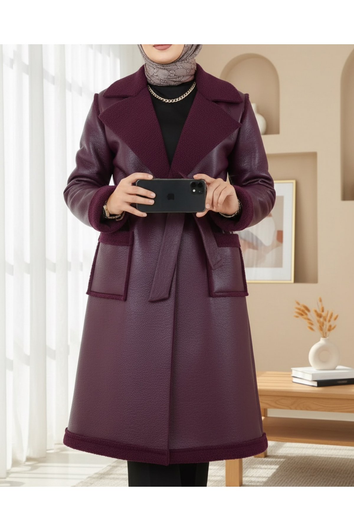 Leather Coat with Waist Belt and Double Pockets and Fur Lining -Damson