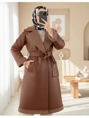 Beli Kemerli Çift Cepli İçi Kürklü Deri Kaban -Taba