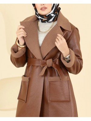 Beli Kemerli Çift Cepli İçi Kürklü Deri Kaban -Taba