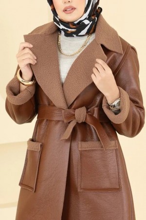 Leather Coat with Waist Belt and Double Pockets and Fur Lining -Snuff