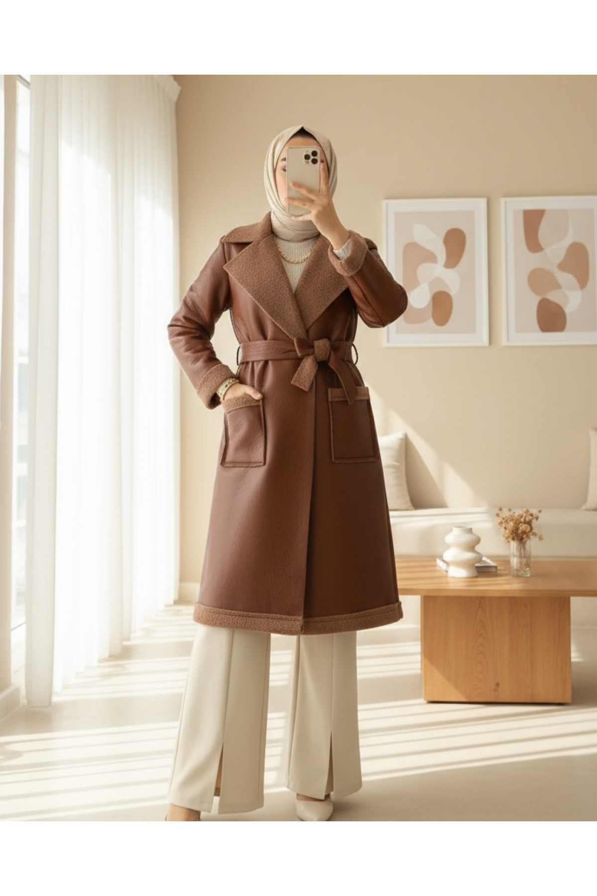Leather Coat with Waist Belt and Double Pockets and Fur Lining -Snuff