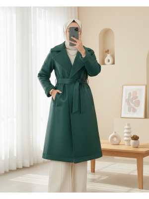 Beli Kemerli Çift Cepli İçi Kürklü Deri Kaban -Zümrüt