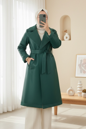 Leather Coat with Waist Belt and Double Pockets and Fur Lining -Emerald