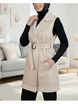Leather Vest with Thick Belt and Fur Lined Pocket - Beige