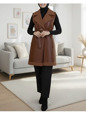 Leather Vest with Thick Belt and Fur Lined Pocket -Snuff