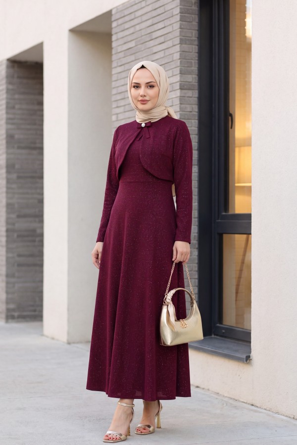 Ceket Detaylı Simli Broşlu Elbise  -Bordo