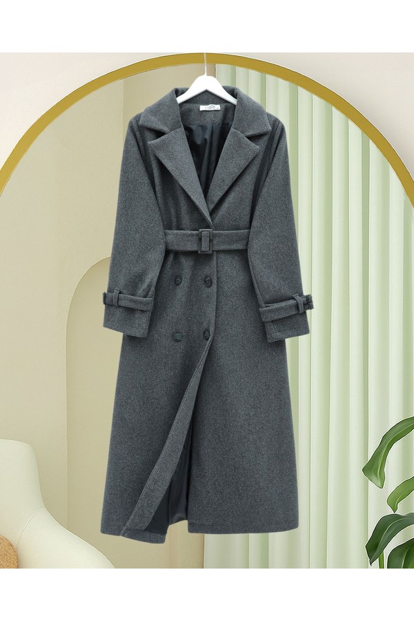 Buttoned Front, Belted Waist and Sleeves, Pockets, Lined Cashmere Coat -Smoked 