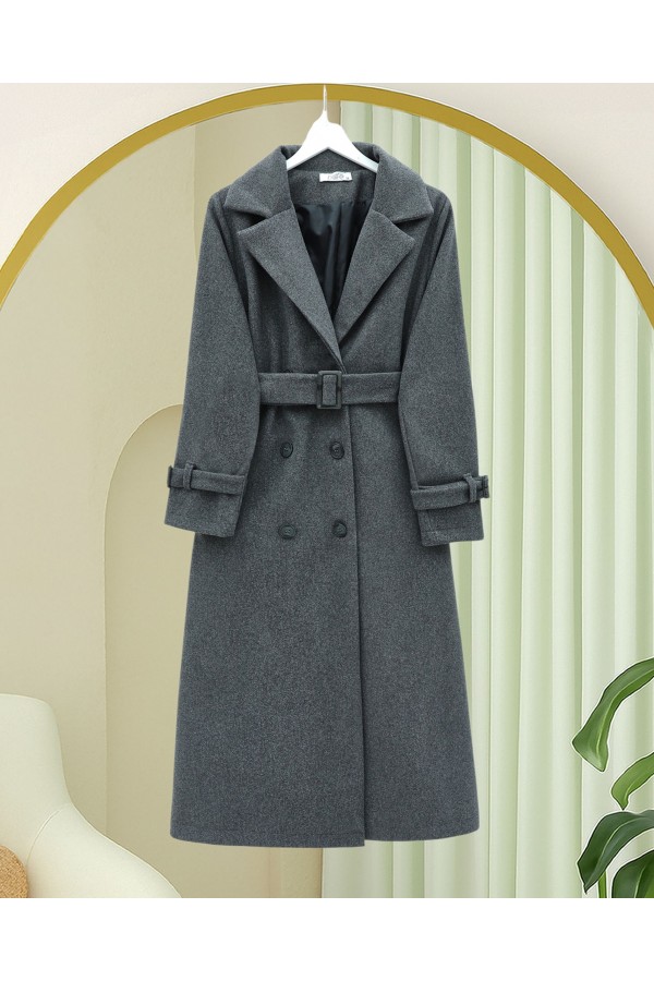 Buttoned Front, Belted Waist and Sleeves, Pockets, Lined Cashmere Coat -Smoked 