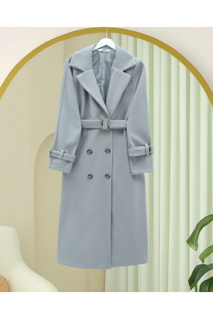 Önü Düğmeli Beli Ve Kolu Kemerli Cepli Astarlı Kaşe Kap  -Gri