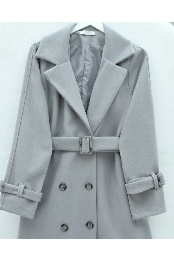 Buttoned Front, Belted Waist and Sleeves, Pockets, Lined Cashmere Coat -Grey