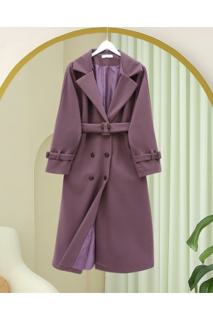 Önü Düğmeli Beli Ve Kolu Kemerli Cepli Astarlı Kaşe Kap  -Vişne