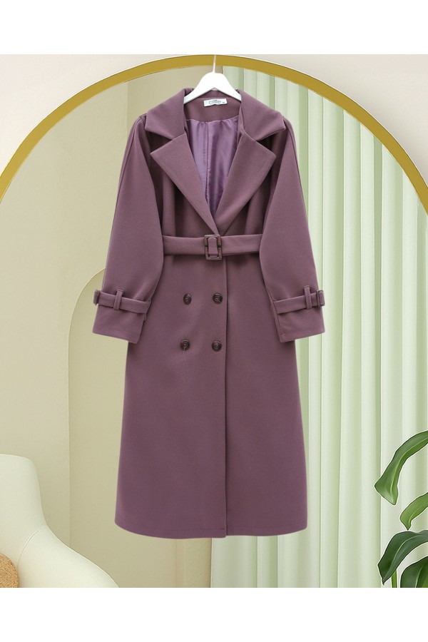 Buttoned Front, Belted Waist and Sleeves, Pockets, Lined Cashmere Coat -Cherry Color