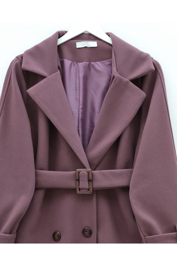 Buttoned Front, Belted Waist and Sleeves, Pockets, Lined Cashmere Coat -Cherry Color