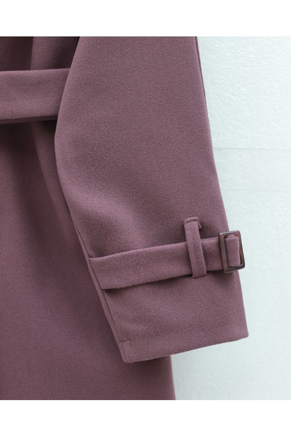 Buttoned Front, Belted Waist and Sleeves, Pockets, Lined Cashmere Coat -Cherry Color