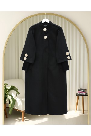 Gold Broşlu Gizli Çıtçıt Düğmeli Cepli Astarlı Kaşe Kap -Siyah