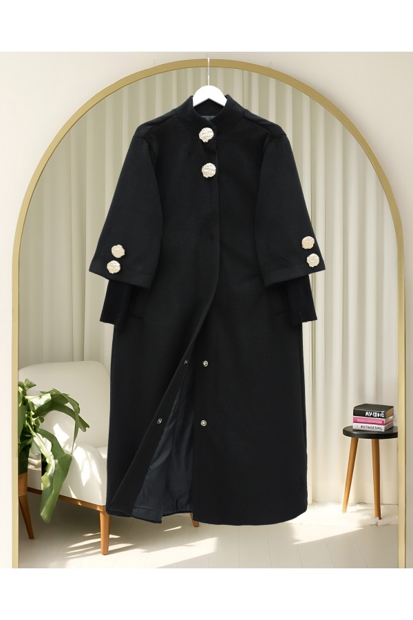 Gold Brooch Hidden Snap Button Pocket Lined Cashmere Coat -Black