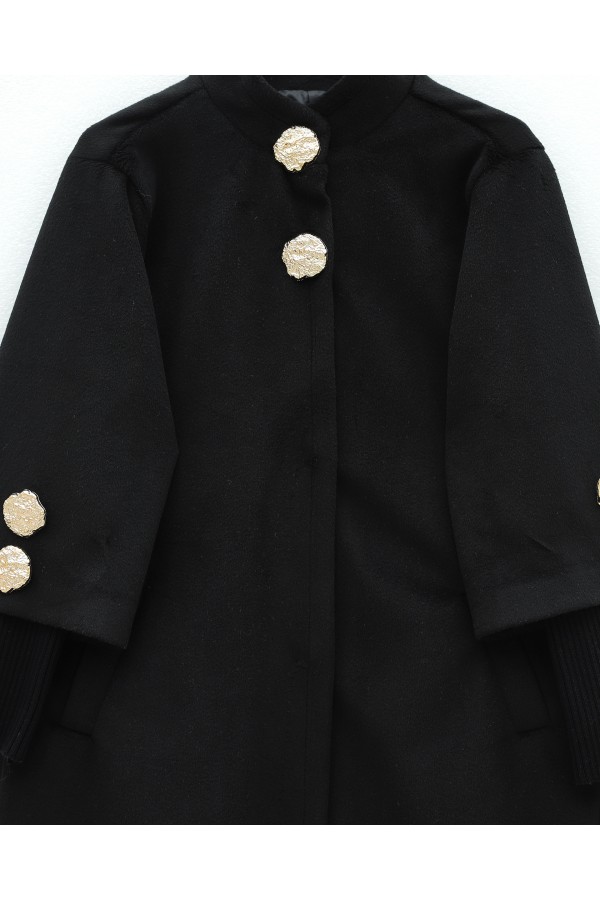 Gold Brooch Hidden Snap Button Pocket Lined Cashmere Coat -Black