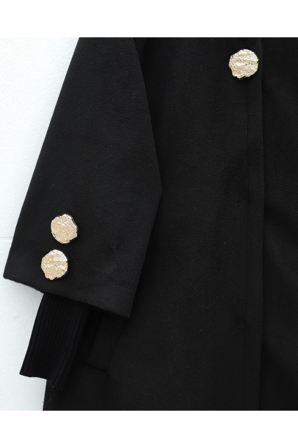 Gold Brooch Hidden Snap Button Pocket Lined Cashmere Coat -Black