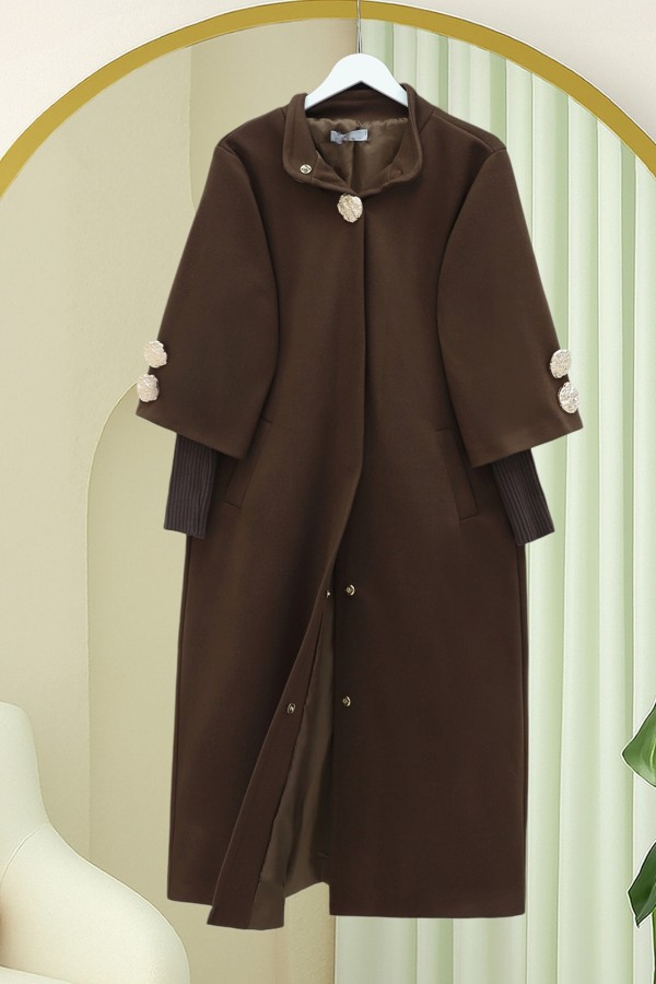 Gold Brooch Hidden Snap Button Pocket Lined Cashmere Coat  -Brown