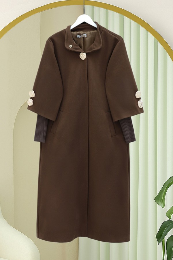 Gold Brooch Hidden Snap Button Pocket Lined Cashmere Coat  -Brown
