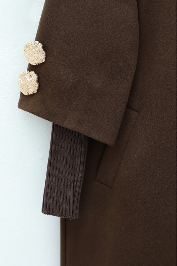 Gold Brooch Hidden Snap Button Pocket Lined Cashmere Coat  -Brown