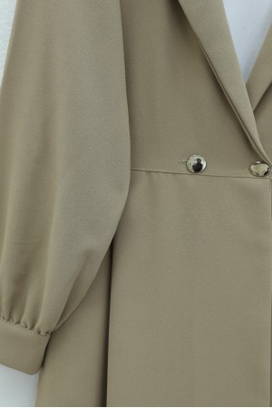 Çİft Düğmeli Cepli Beli Lastikli Pantolonlu İkili Krep Takım -Açık Vizon