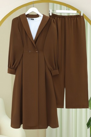 Çİft Düğmeli Cepli Beli Lastikli Pantolonlu İkili Krep Takım -Kahve