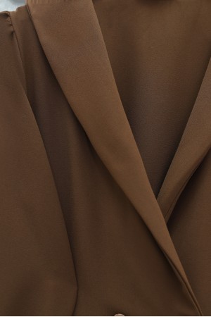 Çİft Düğmeli Cepli Beli Lastikli Pantolonlu İkili Krep Takım -Kahve