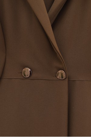 Çİft Düğmeli Cepli Beli Lastikli Pantolonlu İkili Krep Takım -Kahve